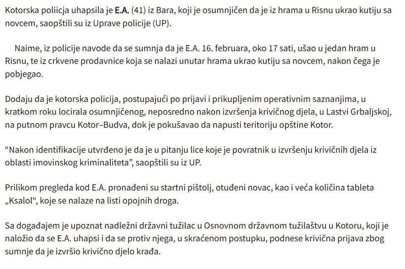 Montenegro-avmp/Uhapsen-Baranin-osumnjicen-da-je-iz-hrama-u-Risnu-ukrao-kutiju-sa-novcem
