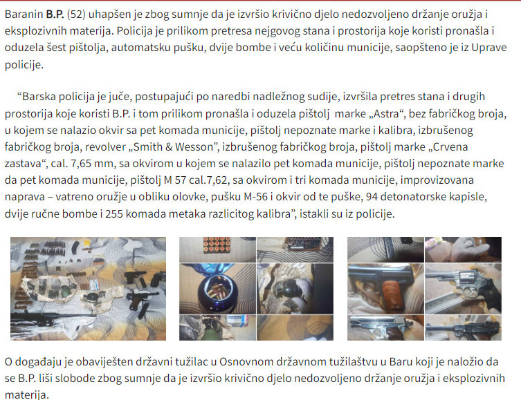 Montenegro-avmp/Uhapsen-Baranin_-Od-njega-oduzeto-sest-pistolja-automatska-puska-dvije-bo