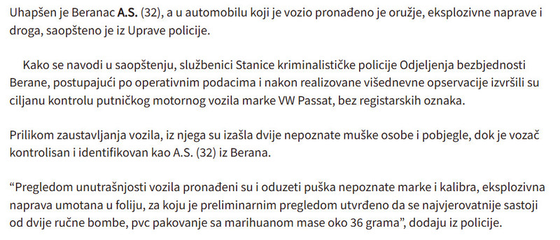 Montenegro-avmp/Uhapsen-Beranac-u-automobilu-pronadeno-oruzje-eksplozivne-naprave-i-droga_1