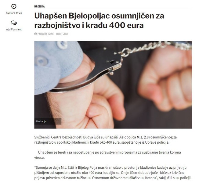 Montenegro-avmp/Uhapsen-Bjelopoljac-osumnjicen-za-razbojnistvo-i-kradu-400-eura