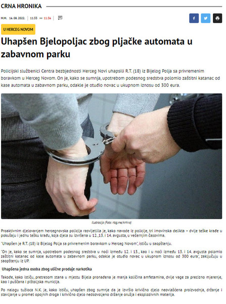 Montenegro-avmp/Uhapsen-Bjelopoljac-zbog-pljacke-automata-u-zabavnom-parku
