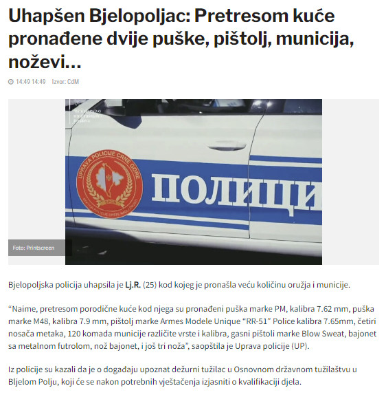 Montenegro-avmp/Uhapsen-Bjelopoljac_-Pretresom-kuce-pronadene-dvije-puske-pistolj-municija