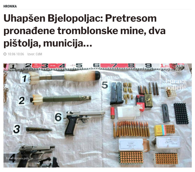 Montenegro-avmp/Uhapsen-Bjelopoljac_-Pretresom-pronadene-tromblonske-mine-dva-pistolja-mun