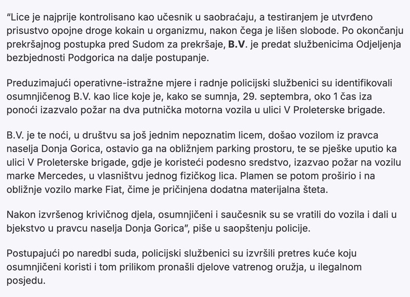 Montenegro-avmp/Uhapsen-Branko-Vukcevic-sumnjici-se-da-je-izazvao-pozar-na-dva-vozila-u-Po_1