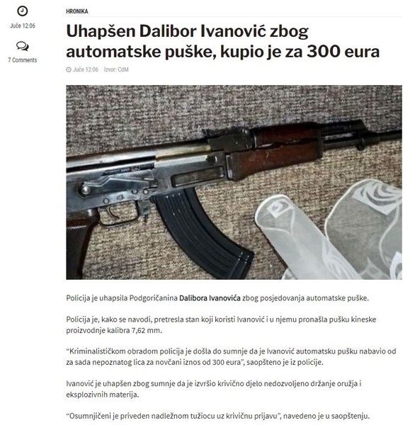Montenegro-avmp/Uhapsen-Dalibor-Ivanovic-zbog-automatske-puske-kupio-je-za-300-eura