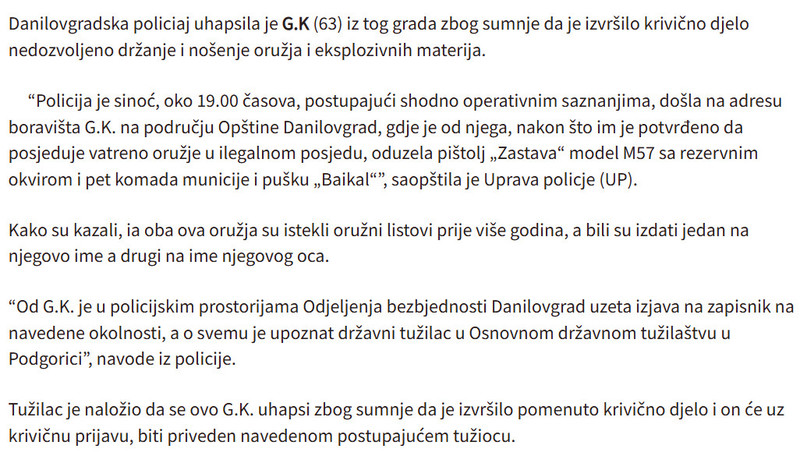 Montenegro-avmp/Uhapsen-Danilovgradanin-pretresom-stana-pronadeni-puska-i-pistolj-u-ilegalnom-posjedu