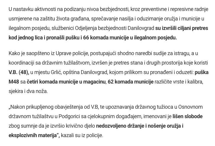 Montenegro-avmp/Uhapsen-Danilovgradanin_-Pronadena-mu-puska-i-municija-u-ilegalnom-posjedu
