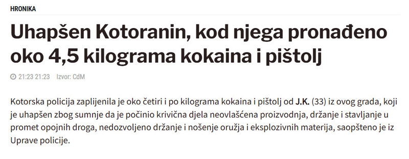Montenegro-avmp/Uhapsen-Kotoranin-kod-njega-pronadeno-oko-45-kilograma-kokaina-i-pistolj--