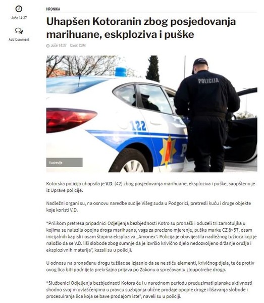Montenegro-avmp/Uhapsen-Kotoranin-zbog-posjedovanja-marihuane-eskploziva-i-puske