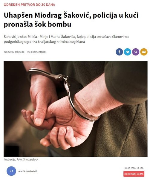 Montenegro-avmp/Uhapsen-Miodrag-Sakovic-policija-u-kuci-pronasla-sok-bombu