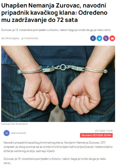 Montenegro-avmp/Uhapsen-Nemanja-Zurovac-navodni-pripadnik-kavackog-klana