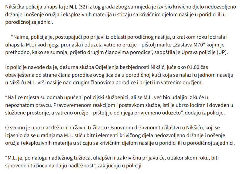 Montenegro-avmp/Uhapsen-Niksicanin-Osumnjicen-za-nasilje-nad-clanovima-porodice-i-prijetnje-oruzjem