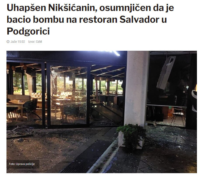 Montenegro-avmp/Uhapsen-Niksicanin-osumnjicen-da-je-bacio-bombu-na-restoran-Salvador-u-Pod