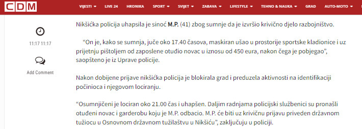 Montenegro-avmp/Uhapsen-Niksicanin_-Uz-prijetnju-pistoljem-opljackao-kladionicu---CdM