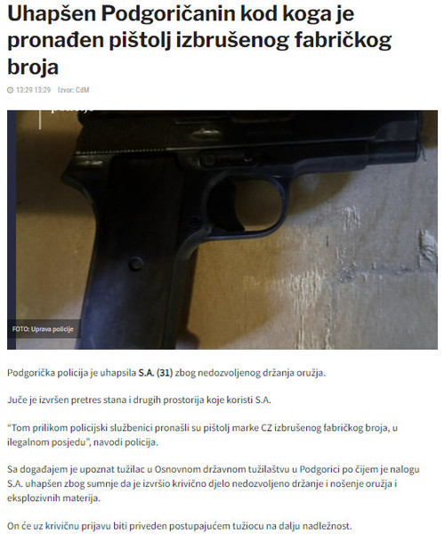 Montenegro-avmp/Uhapsen-Podgoricanin-kod-koga-je-pronaden-pistolj-izbrusenog-fabrickog-bro