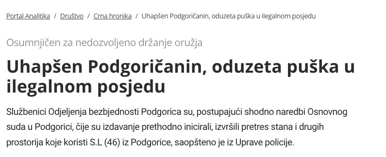 Montenegro-avmp/Uhapsen-Podgoricanin-oduzeta-puska-u-ilegalnom-posjedu