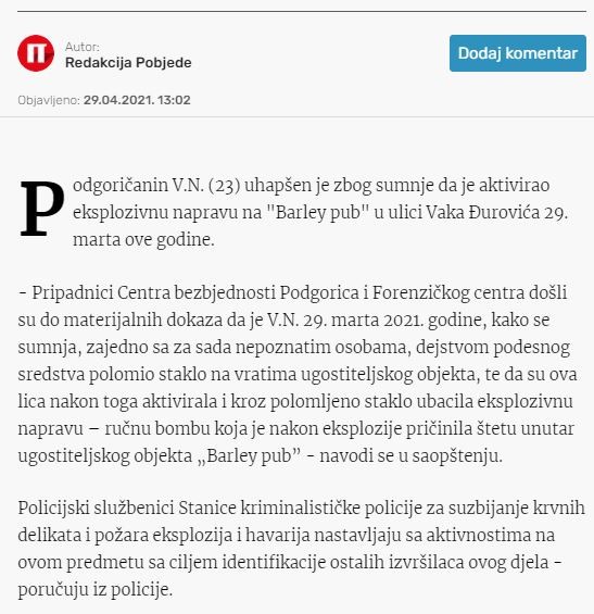 Montenegro-avmp/Uhapsen-Podgoricanin-osumnjicen-da-je-bacio-bombu-na-_Barley-pub_