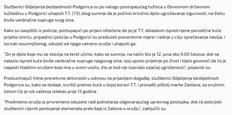 Montenegro-avmp/Uhapsen-Podgoricanin-osumnjicen-da-je-prijetio-bivsoj-snahi---Radio-Televi
