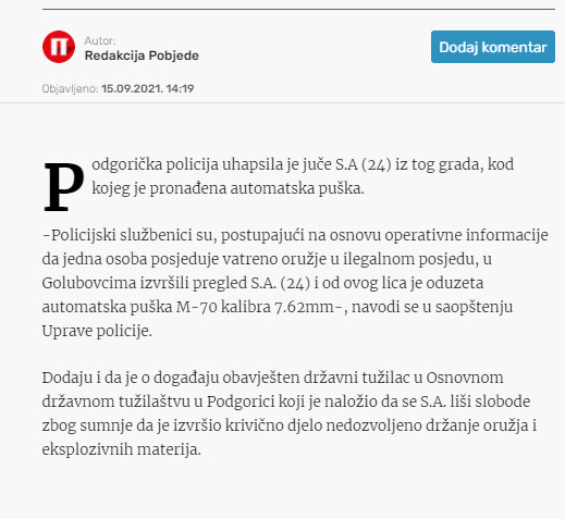 Montenegro-avmp/Uhapsen-Podgoricanin-policija-pronasla-automatsku-pusku
