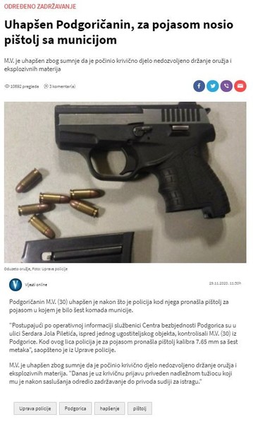 Montenegro-avmp/Uhapsen-Podgoricanin-za-pojasom-nosio-pistolj-sa-municijom
