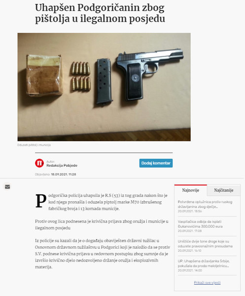Montenegro-avmp/Uhapsen-Podgoricanin-zbog-pistolja-u-ilegalnom-posjedu---Pobjeda