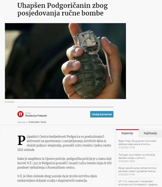 Montenegro-avmp/Uhapsen-Podgoricanin-zbog-posjedovanja-rucne-bombe