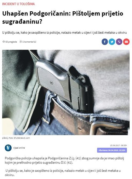 Montenegro-avmp/Uhapsen-Podgoricanin_-Pistoljem-prijetio-sugradaninu_