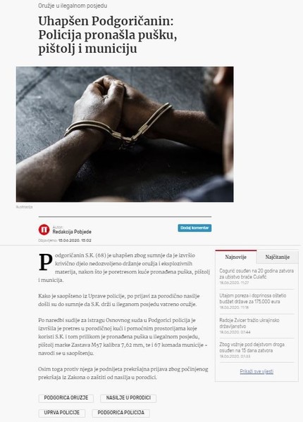 Montenegro-avmp/Uhapsen-Podgoricanin_-Policija-pronasla-pusku-pistolj-i-municiju