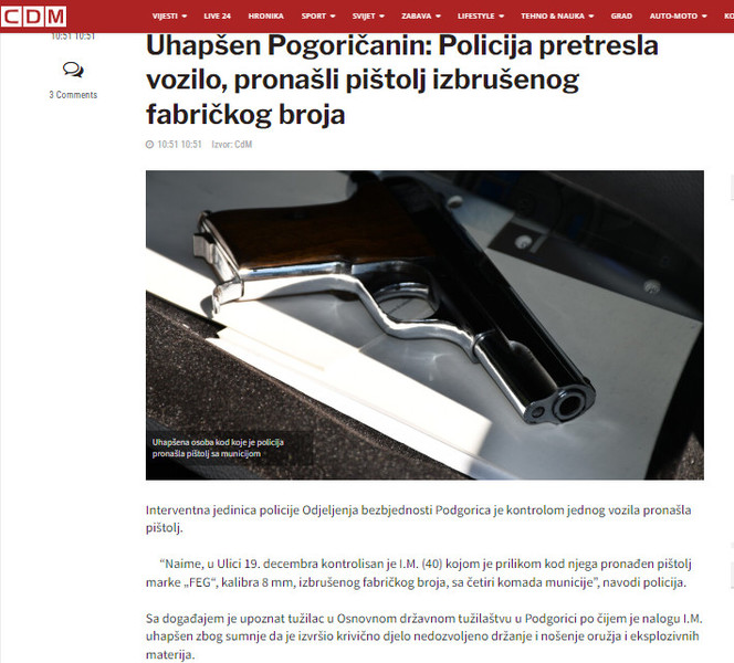 Montenegro-avmp/Uhapsen-Pogoricanin_-Policija-pretresla-vozilo-pronasli-pistolj-izbrusenog