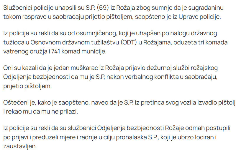 Montenegro-avmp/Uhapsen-Rozajac-osumnjicen-da-je-sugradaninu-tokom-rasprave-u-saobracaju-prijetio-pistoljem_1