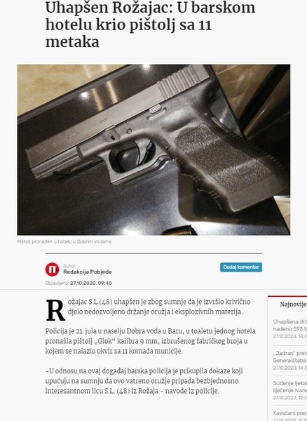 Montenegro-avmp/Uhapsen-Rozajac_-U-barskom-hotelu-krio-pistolj-sa-11-metaka