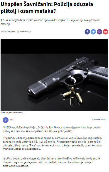 Montenegro-avmp/Uhapsen-Savnicanin-Policija-oduzela-pistolj-i-osam-metaka