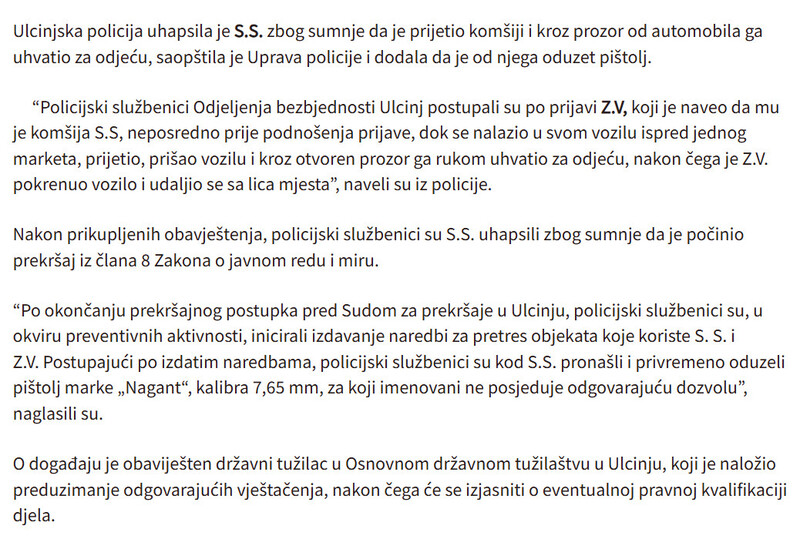 Montenegro-avmp/Uhapsen-Ulcinjanin-Osumnjicen-da-je-prijetio-komsiji-i-kroz-prozor-od-automobila-ga-uhvatio-za-odjecu-oduzet-mu-pistolj_1