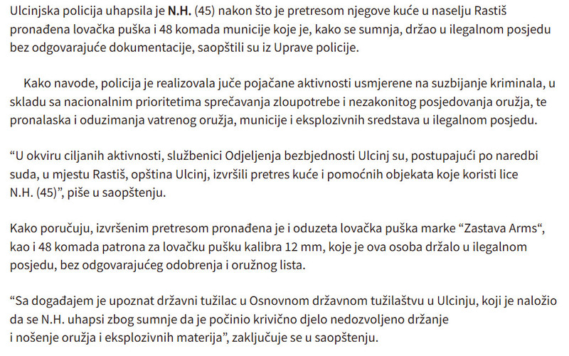 Montenegro-avmp/Uhapsen-Ulcinjanin-policija-pronasla-ilegalnu-pusku-i-municiju