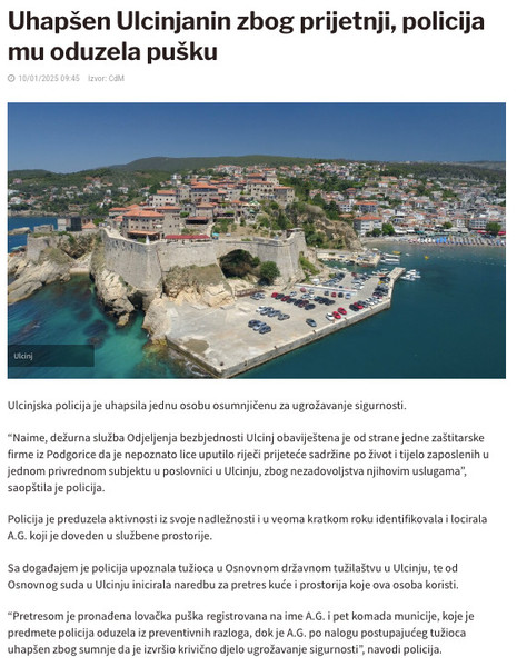 Montenegro-avmp/Uhapsen-Ulcinjanin-zbog-prijetnji-policija-mu-oduzela-pusku---CdM