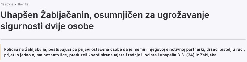 Montenegro-avmp/Uhapsen-Zabljacanin-osumnjicen-za-ugrozavanje-sigurnosti-dvije-osobe