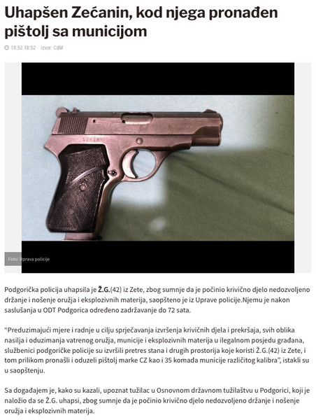Montenegro-avmp/Uhapsen-Zecanin-kod-njega-pronaden-pistolj-sa-municijom---CdM