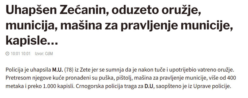 Montenegro-avmp/Uhapsen-Zecanin-oduzeto-oruzje-municija-masina-za-pravljenje-municije-kapisle