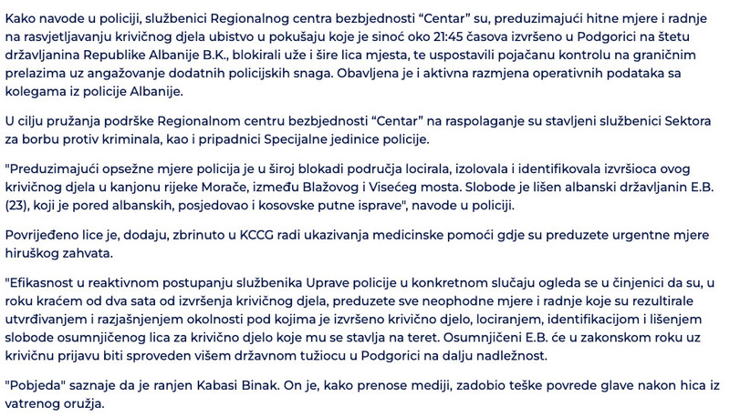 Montenegro-avmp/Uhapsen-drzavljanin-Albanije-zbog-ranjavanja-sunarodnika-sinoc-u-Podgorici_1