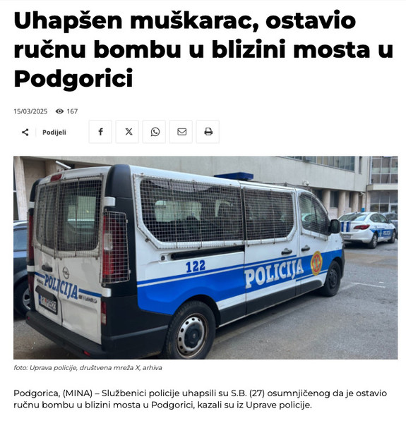 Montenegro-avmp/Uhapsen-muskarac-ostavio-rucnu-bombu-u-blizini-mosta-u-Podgorici-_-MINA
