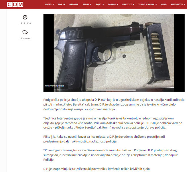 Montenegro-avmp/Uhapsen-muskarac-prilikom-policijske-kontrole-odbacio-pistolj