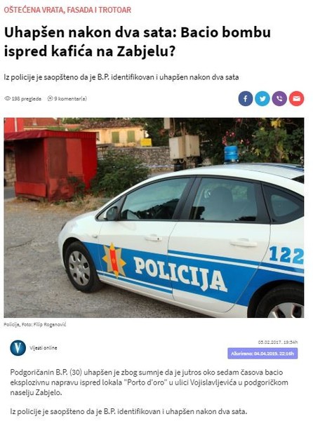 Montenegro-avmp/Uhapsen-nakon-dva-sata_-Bacio-bombu-ispred-kafica-na-Zabjelu_