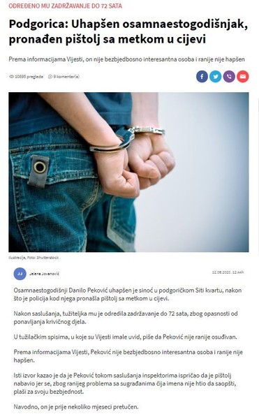 Montenegro-avmp/Uhapsen-osamnaestogodisnjak-pronaden-pistolj-sa-metkom-u-cijevi
