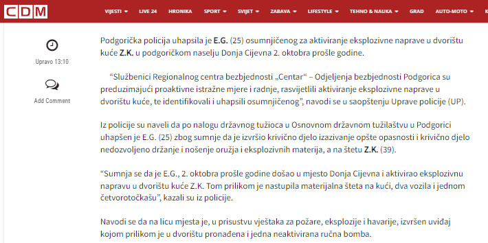 Montenegro-avmp/Uhapsen-osumnjiceni-za-aktiviranje-eksplozivne-naprave-u-dvoristu-kuce-u-