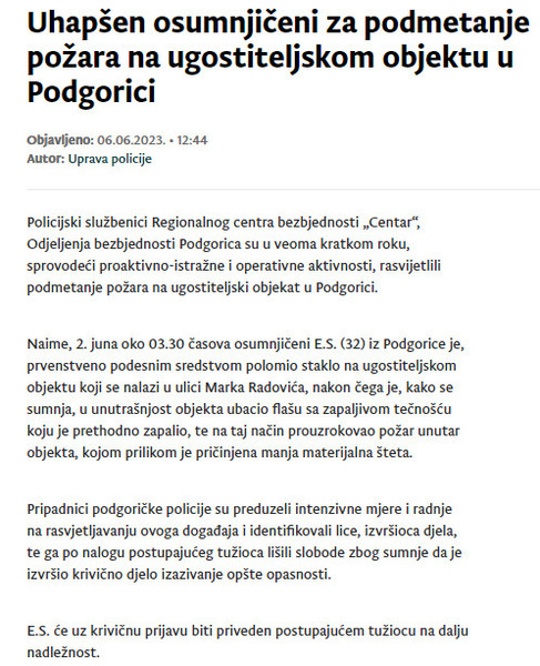 Montenegro-avmp/Uhapsen-osumnjiceni-za-podmetanje-pozara-na-ugostiteljskom-objektu-u-Podg