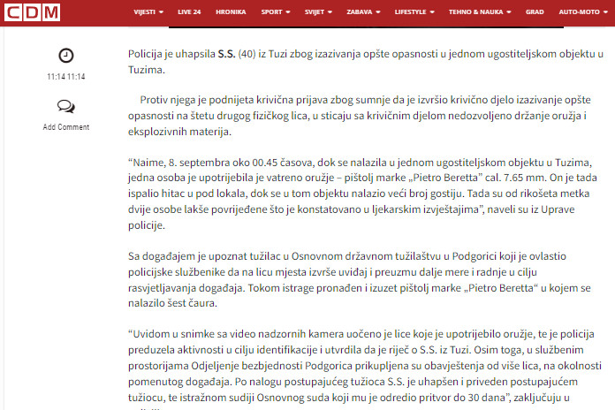 Montenegro-avmp/Uhapsen-osumnjiceni-za-pucnjavu-u-lokalu-u-Tuzima-ranio-dvije-osobe---CdM
