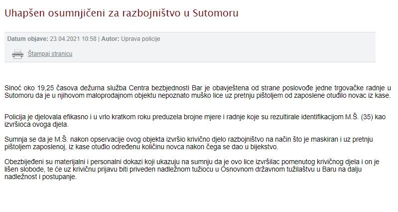 Montenegro-avmp/Uhapsen-osumnjiceni-za-razbojnistvo-u-Sutomoru