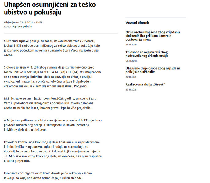 Montenegro-avmp/Uhapsen-osumnjiceni-za-tesko-ubistvo-u-pokusaju