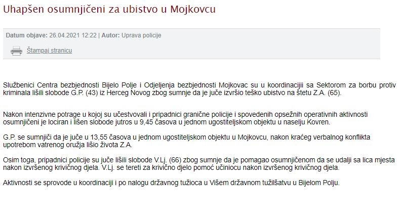 Montenegro-avmp/Uhapsen-osumnjiceni-za-ubistvo-u-Mojkovcu