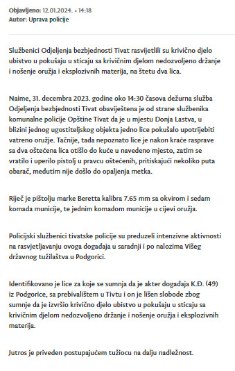 Montenegro-avmp/Uhapsen-osumnjiceni-za-ubistvo-u-pokusaju-u-Tivtu